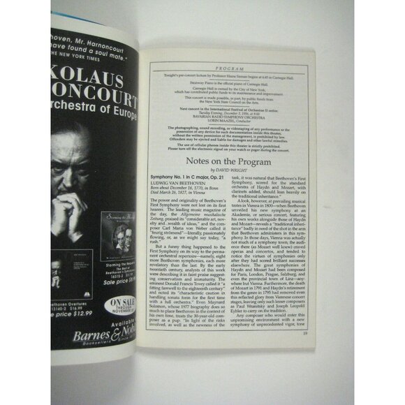Philharmonic Stagebill November 1996 Chamber Orchestra Europe Harnoncourt - Picture 5 of 6